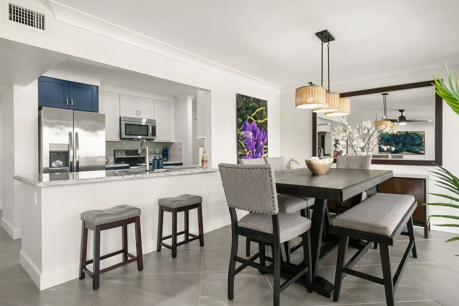 Kitchen and open living space at a furnished residence in Tamarind Bay Club Key Largo