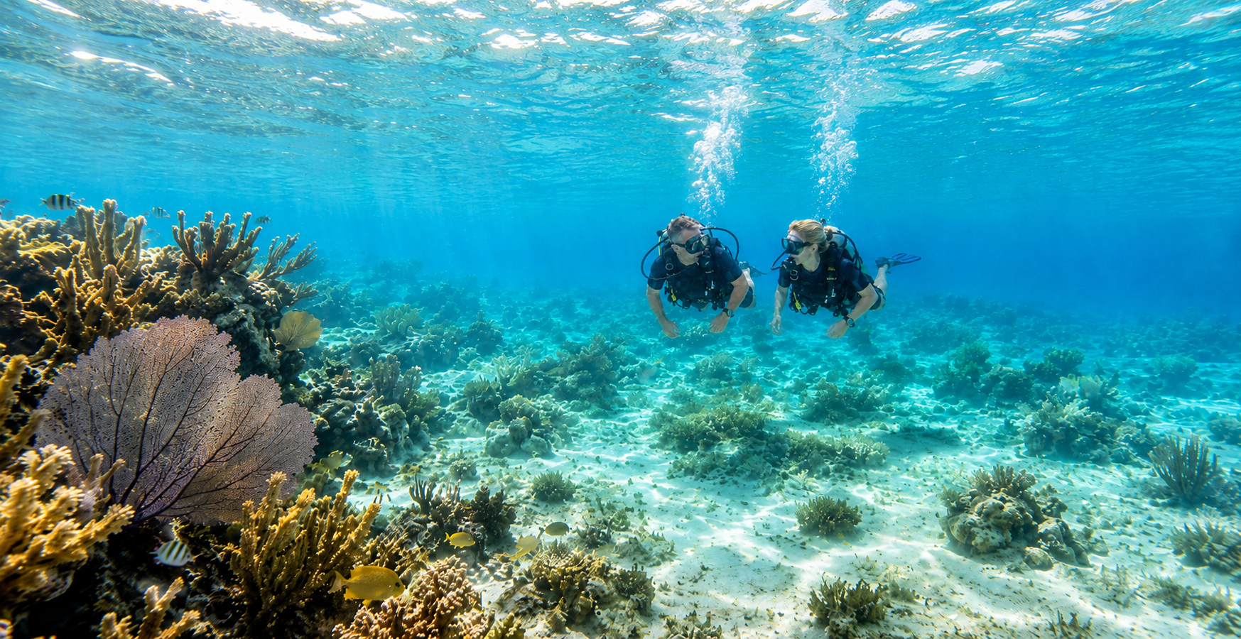 Two scuba divers swimming over a vibrant coral reef with various corals and small fish in clear blue water.
