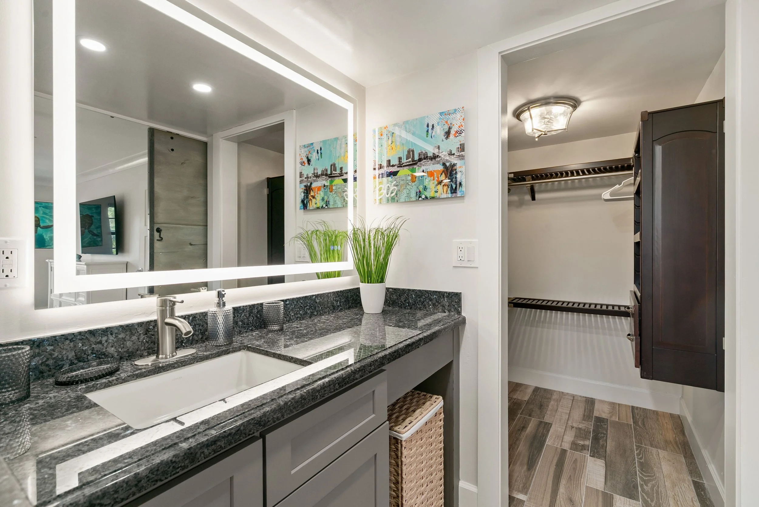 A bathroom vanity with a granite countertop, a white sink, and a large mirror. There are two small glasses and a potted grass decoration on the countertop. To the right, there's a walk-in closet with shelves and a hanging rod. The wall behind the van