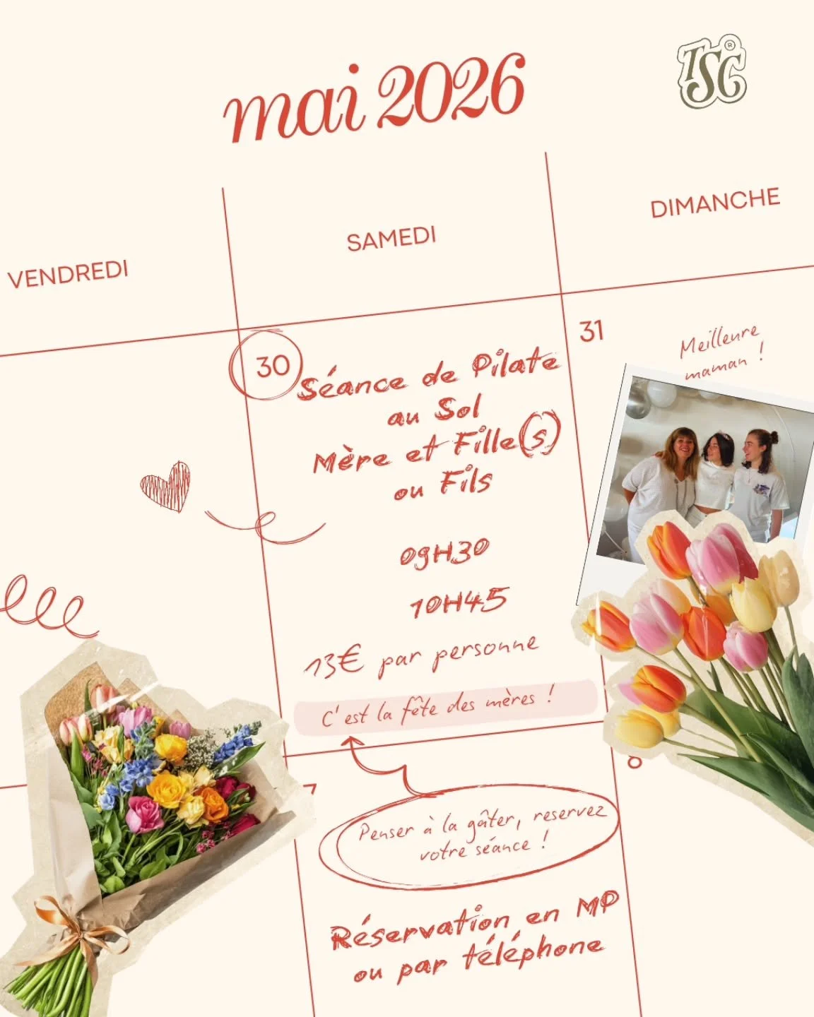 A l'occasion de la F&ecirc;tes des M&egrave;res, offrez-vous un jolie moment de partage. 🤍

Le samedi 30 mai, nous vous proposons un cours de pilates au sol sp&eacute;cial M&egrave;re &amp; Fille(s) ou Fils. 
Un instant pour bouger ensemble, et resp