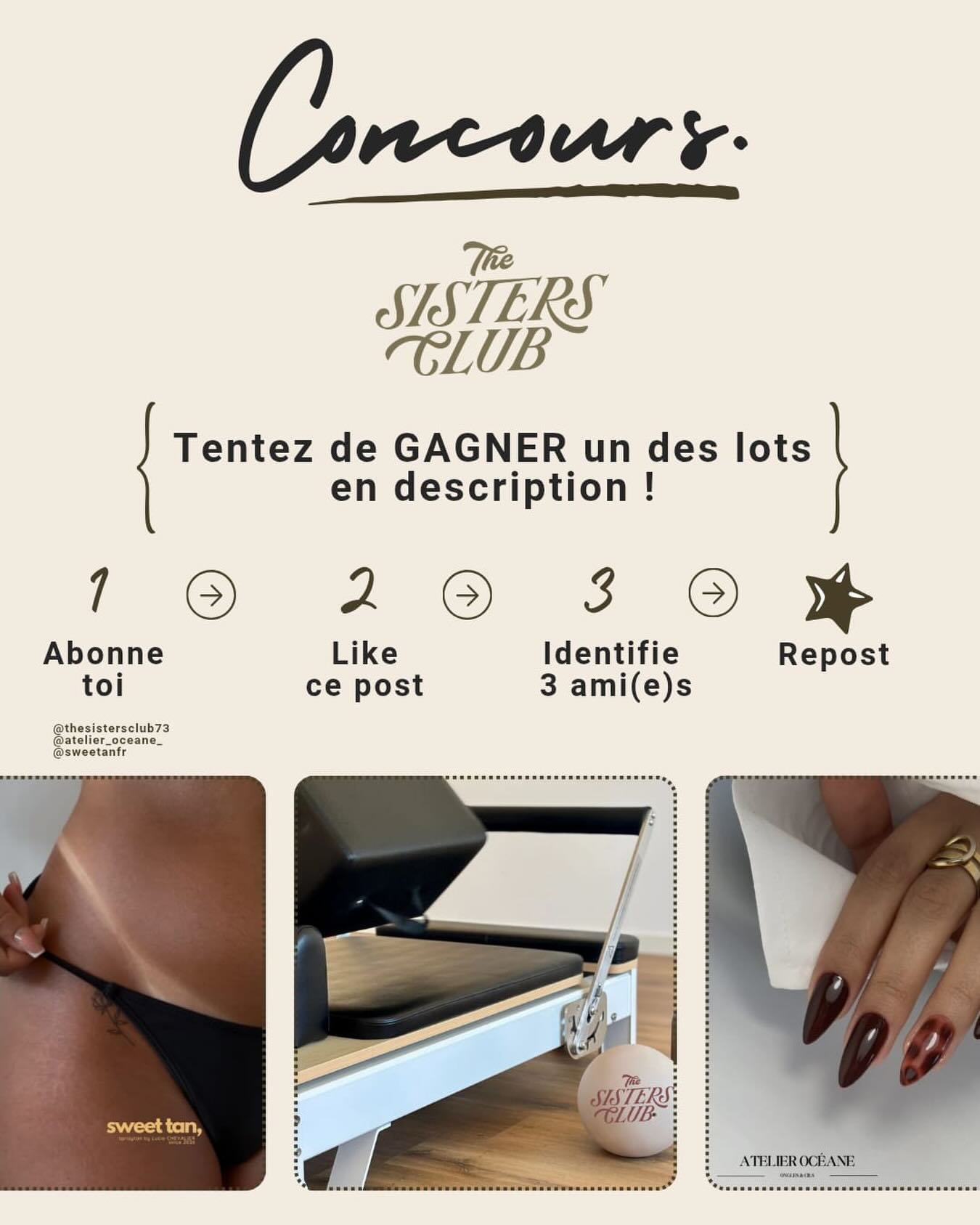 CONCOURS SP&Eacute;CIAL JOURN&Eacute;E MONDIAL DU BIEN-&Ecirc;TRE ✨

&Agrave; cette occasion on vous g&acirc;te avec 3 jolis lots &agrave; gagner :

🥇 Une s&eacute;ance offerte au choix chez @thesistersclub73 : Pilates, Reformer ou Circuit Training
