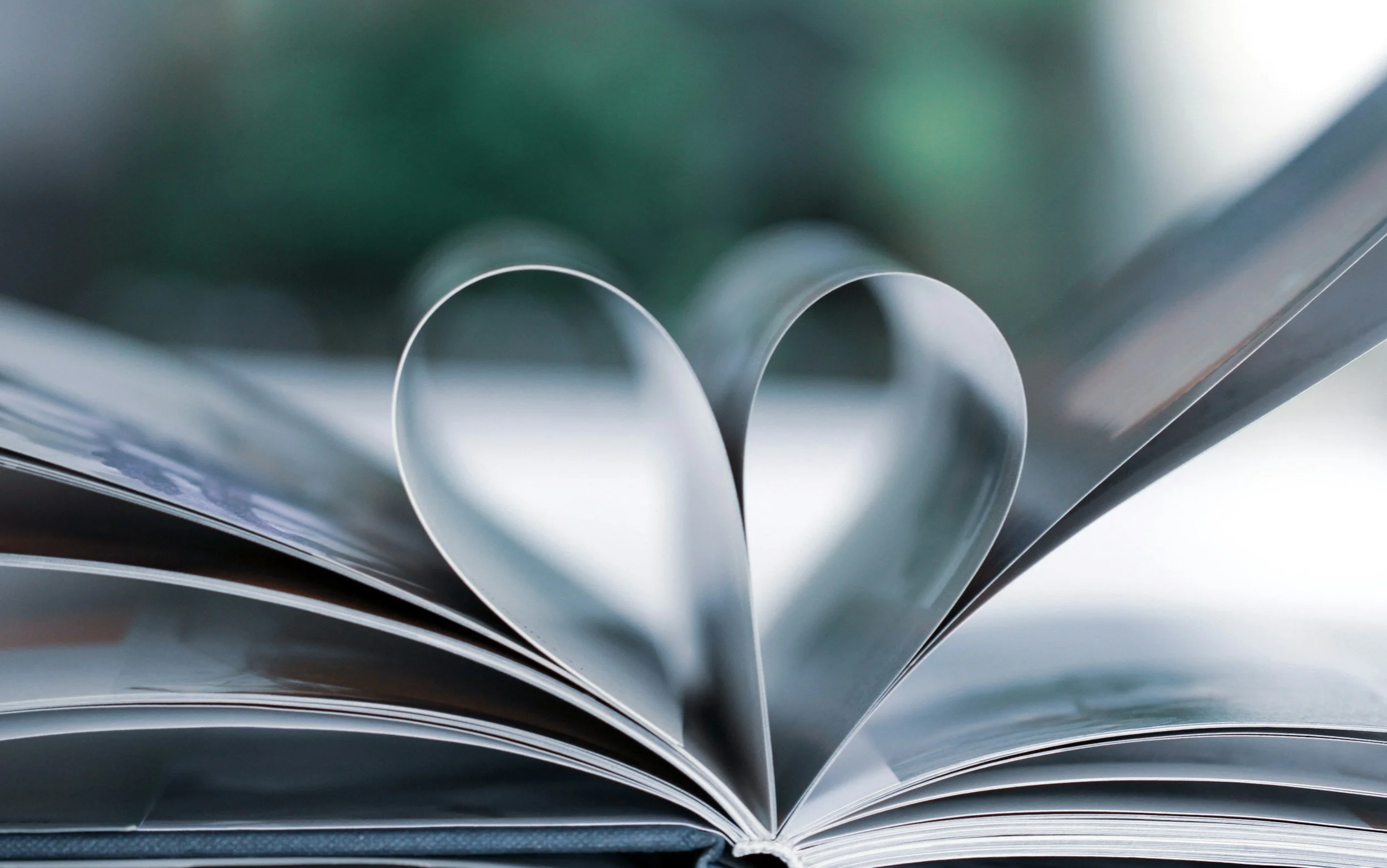 Close-up of an open book with pages curled inward, creating a heart shape in the center.