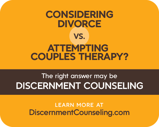 An infographic comparing divorce and couples therapy, suggesting discernment counseling as the right answer, with a call to learn more at DiscernmentCounseling.com.