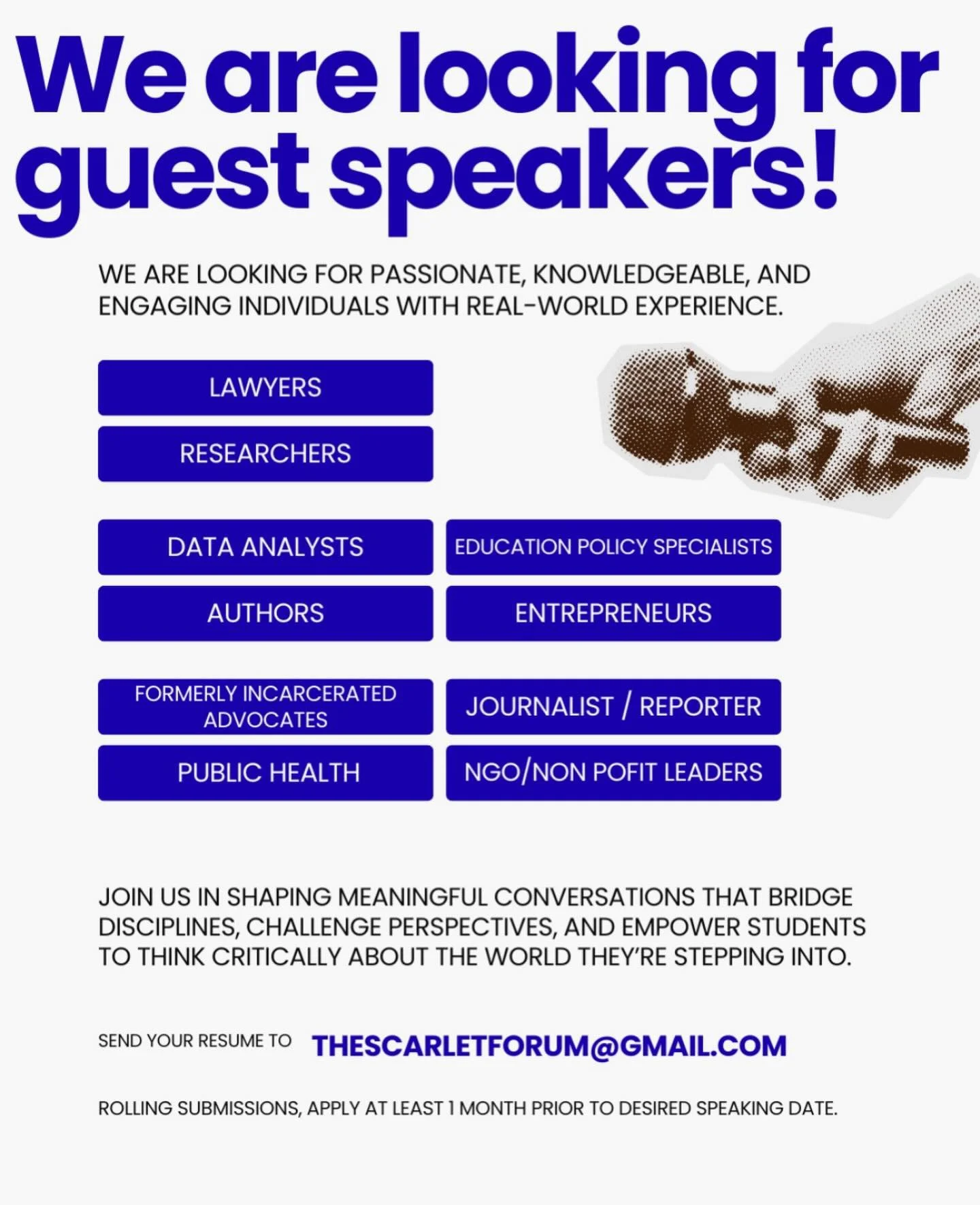 We&rsquo;re looking for guest speakers!!🗣️🗣️
Send resume to: thescarletforum@gmail.com