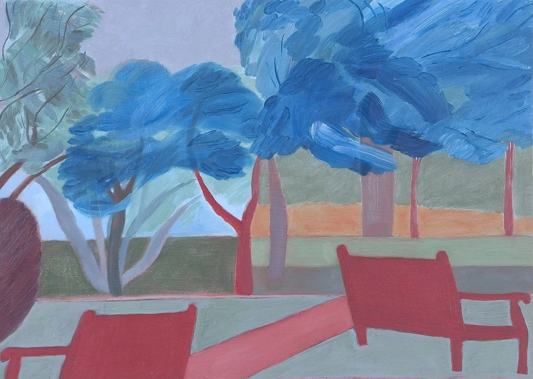 Red Benches, oil on board, 30 x 45 cm