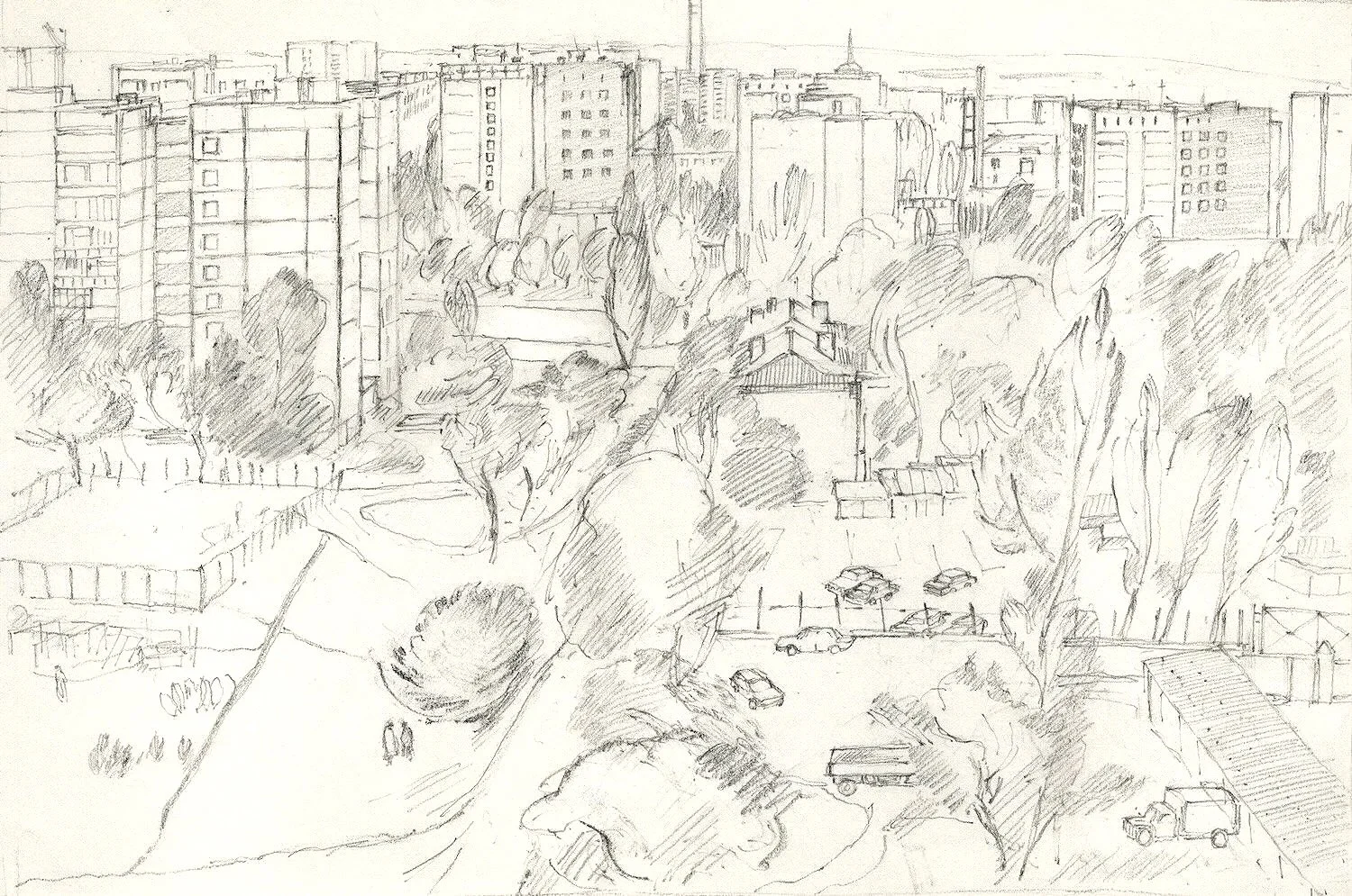 Luhansk - The View from Svetlana's Studio, pencil on paper, 1992, 21 x 29.7 cm