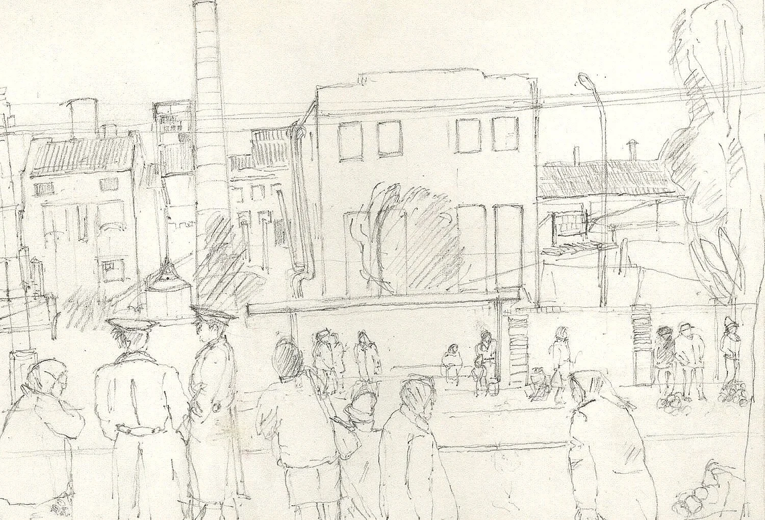 Waiting for Trams Outside the Brewery, pencil on paper, 1992, 21 x 29.7 cm