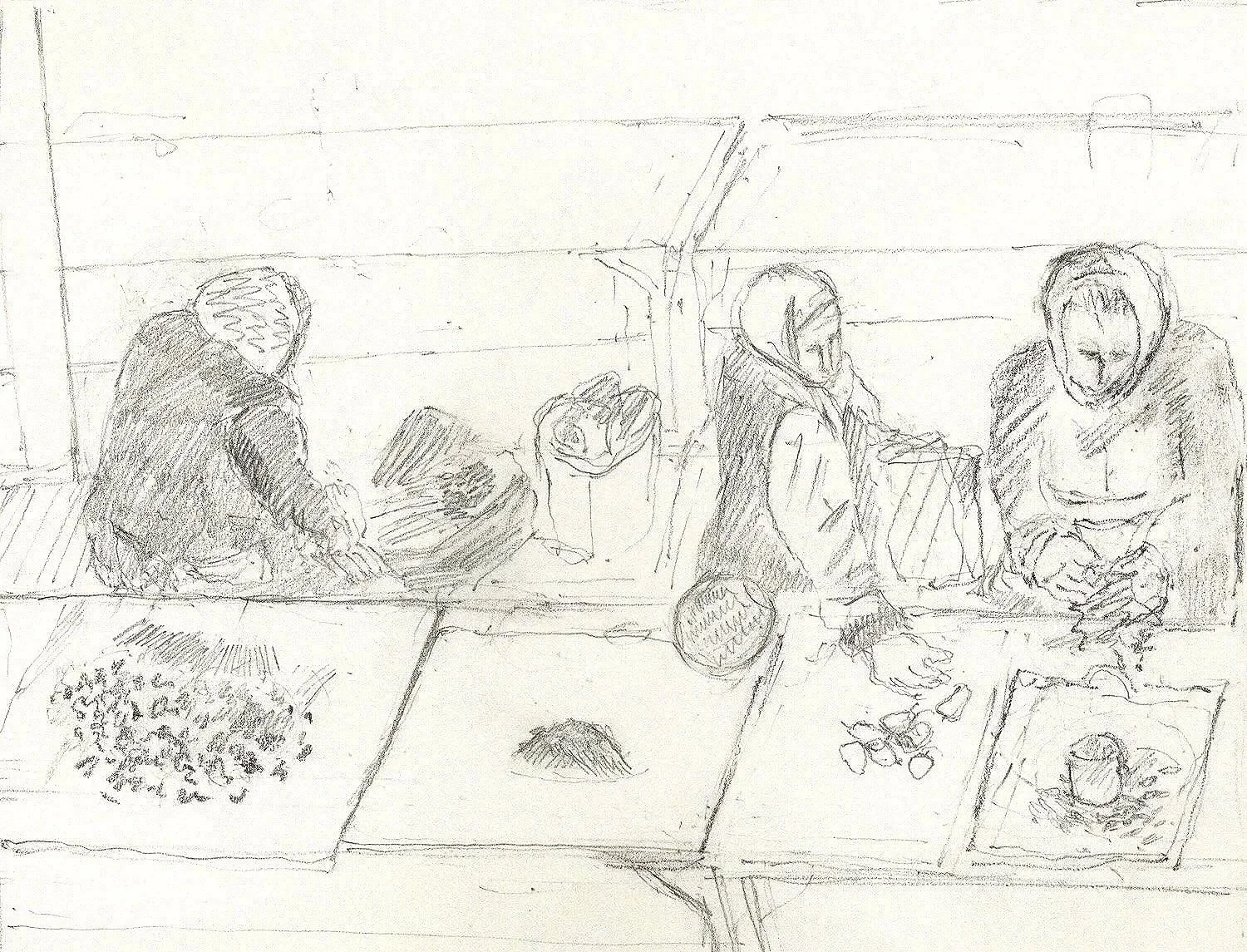 Market, Women Selling Parsley, Pomegranates and Nuts, pencil on paper, 1992, 21 x 29.7 cm