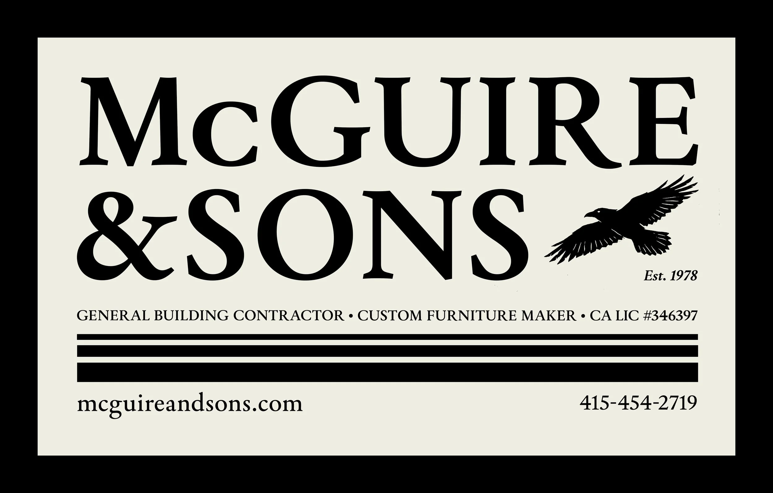 Business card for McGuire & Sons, a contractor established in 1978. The card features the company name, a flying bird logo, and contact information including website, phone number, and services offered.