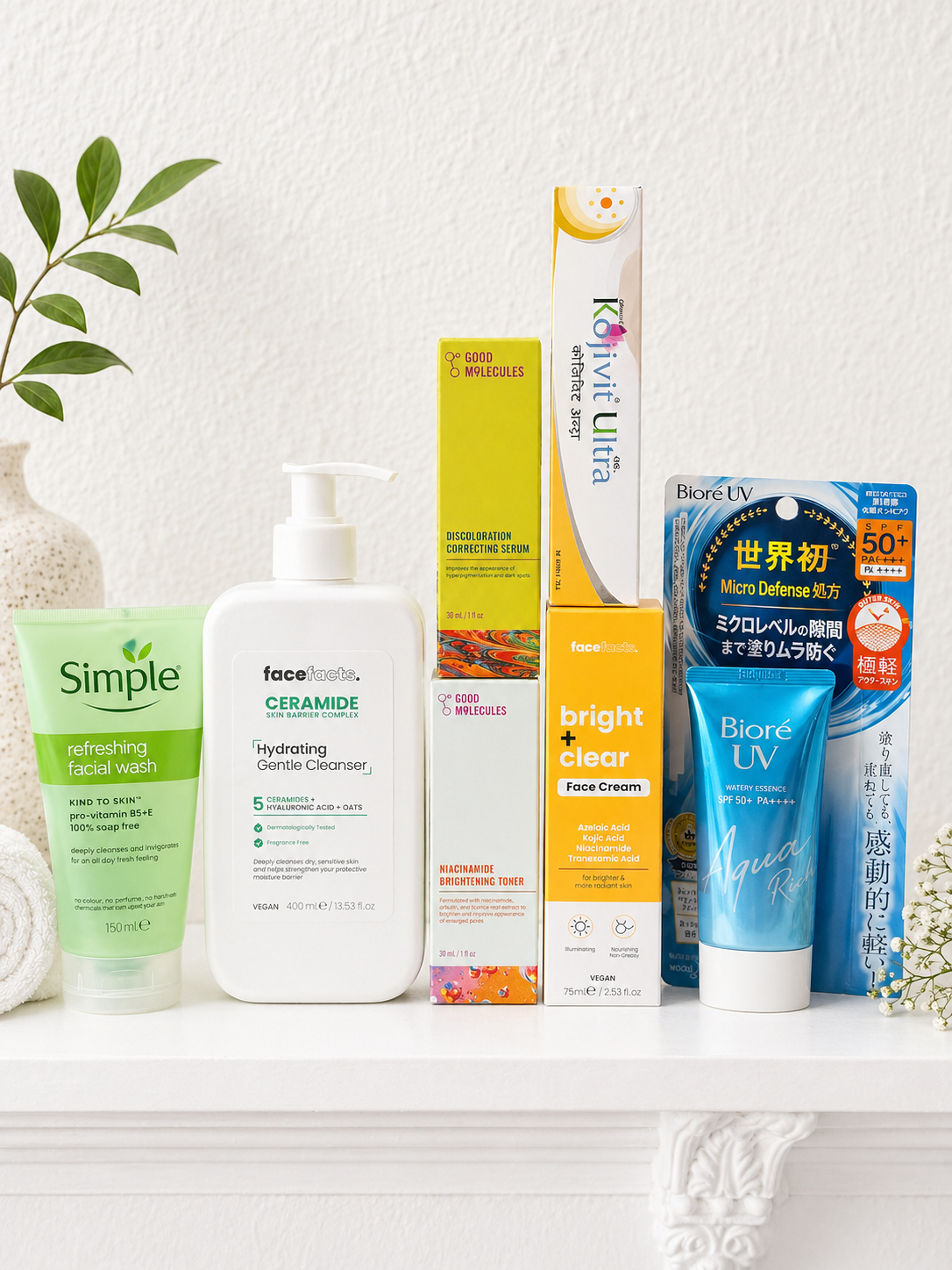 Assorted skincare and sunscreen products on a white shelf, including facial wash, toner, face cream, and sunscreens.
