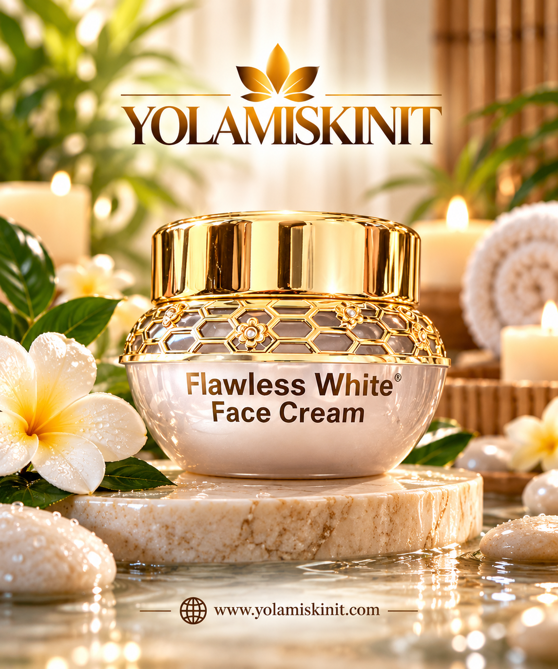 Flawless White Face Cream gold jar by Yolamiskinit, brightening face moisturiser