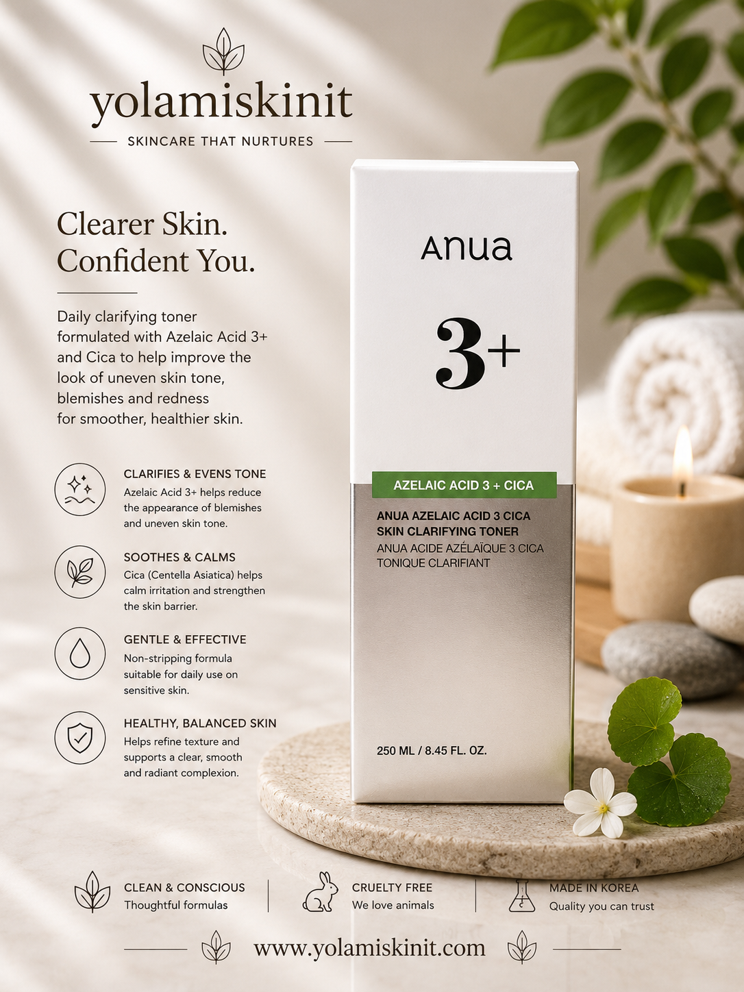 Anua- Azelaic Acid 3 Cica Skin Clarifying Toner, 250ml