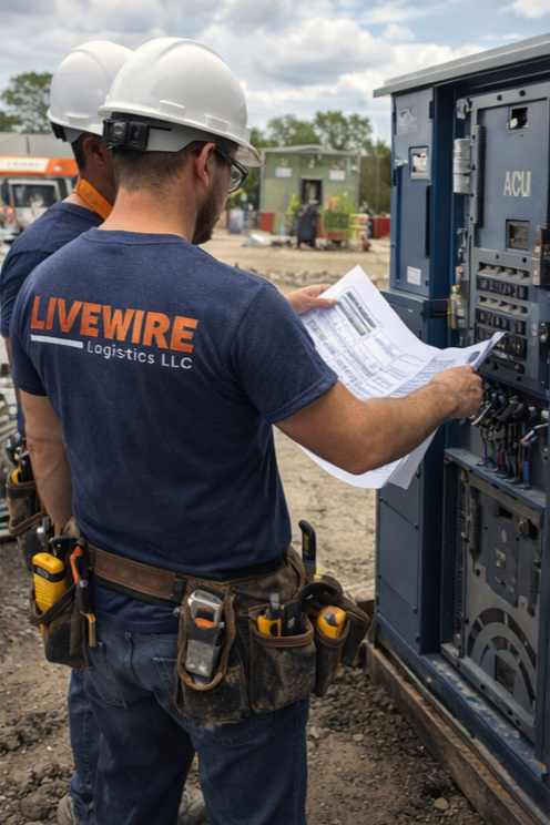 Construction worker reviewing technical plans at an outdoor job site, wearing a hard hat and tools belt.