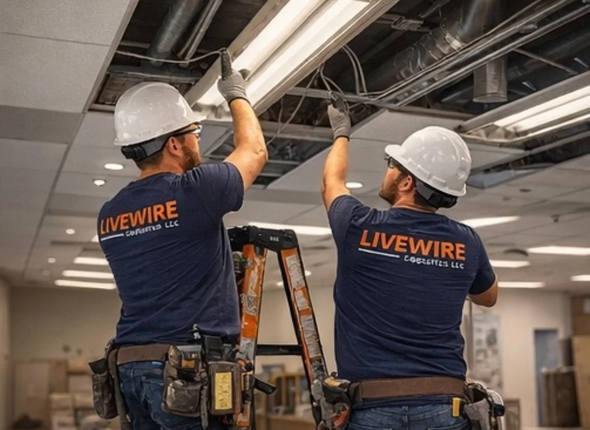Two construction workers wearing hard hats and gloves working on ceiling wiring in an indoor space.