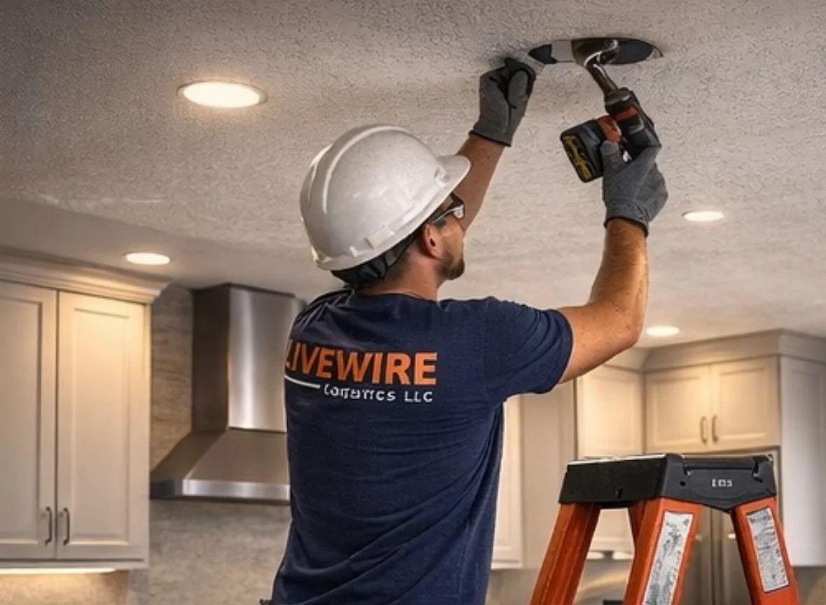 A worker wearing a white hard hat, safety glasses, and gloves is using a power drill to install or repair a ceiling fixture in a kitchen with white cabinets and a stainless steel range hood.