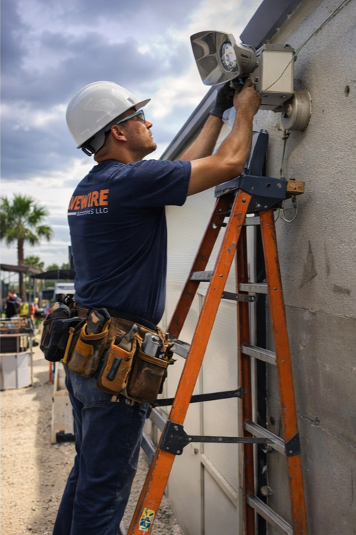 A worker wearing a white hard hat and safety glasses installing or repairing a security camera on the exterior wall of a building, standing on an orange ladder, with a tool belt around his waist, in an outdoor area with palm trees and other equipment in the background.