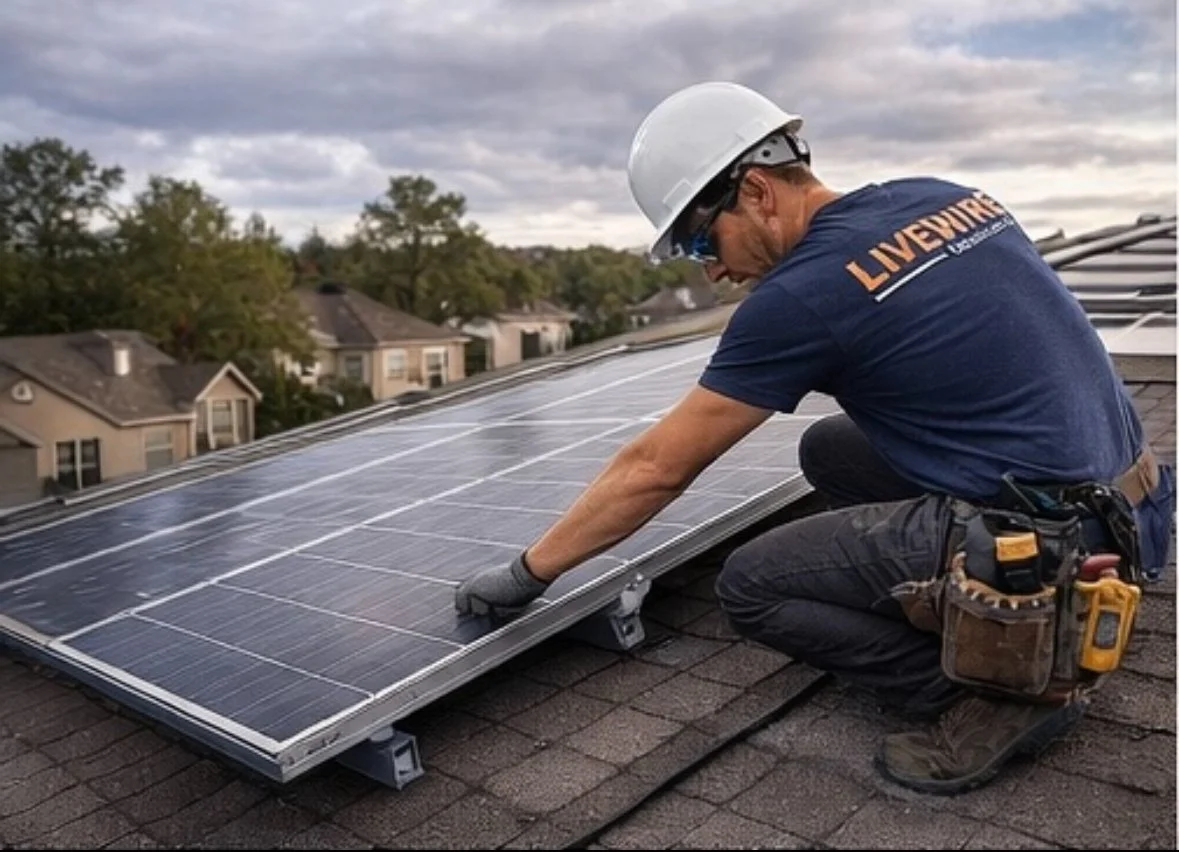 A worker installing solar panels on a residential roof, wearing a safety helmet and harness, with houses and trees in the background.