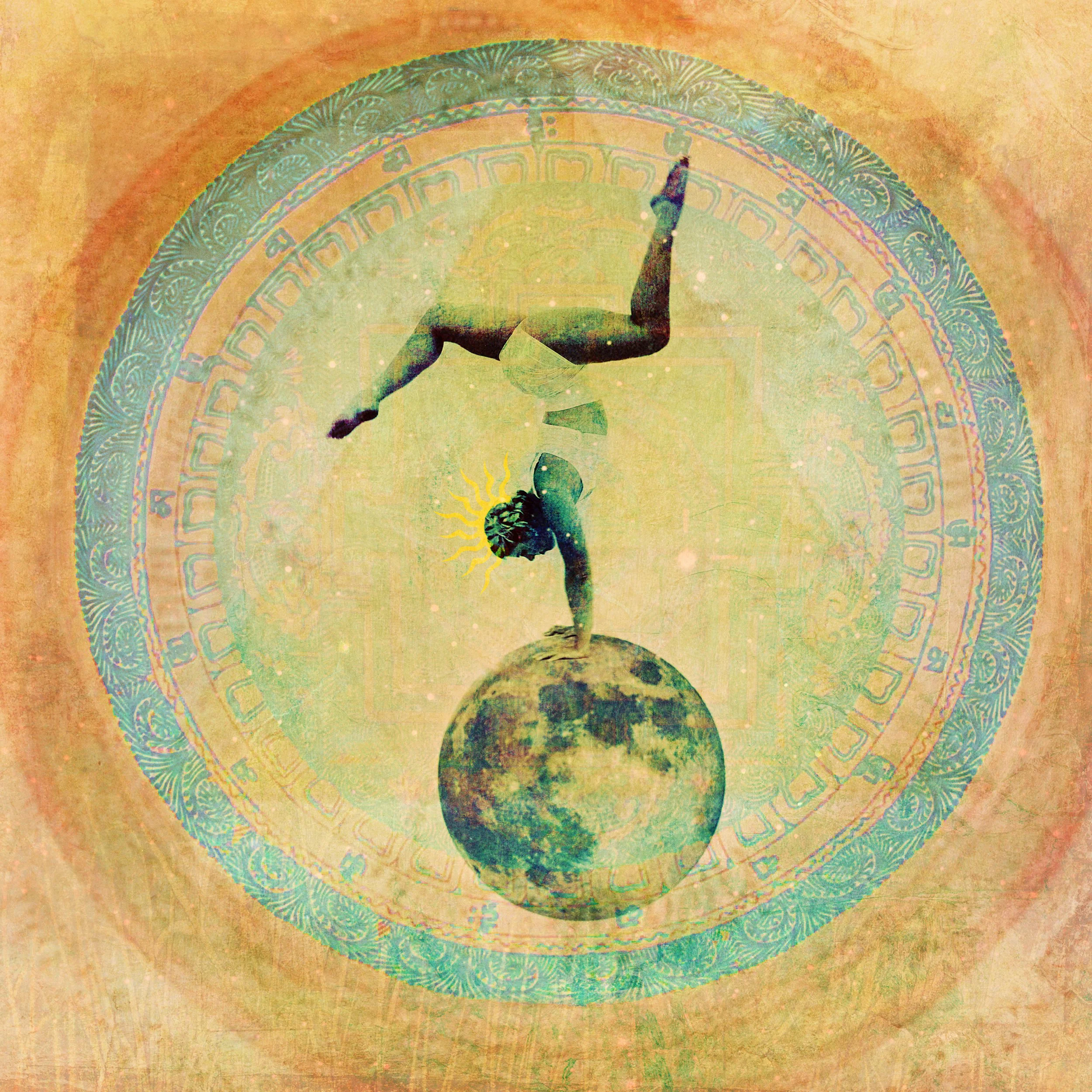 A person balancing in a yoga pose on a globe, with a cosmic background and an intricate circular design overlay.