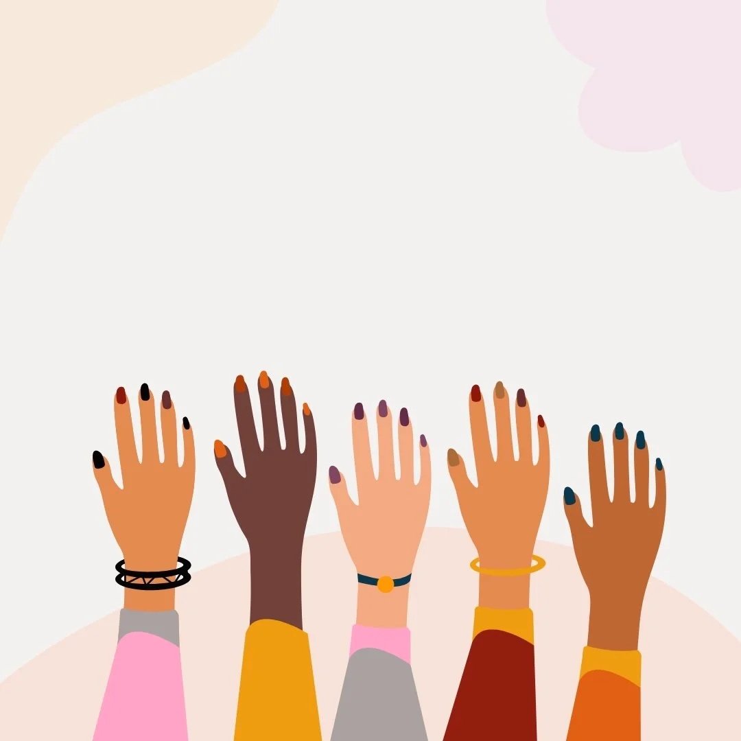 Illustration of five diverse hands raised with various skin tones, wearing different bracelets and nail colors, against a light background.