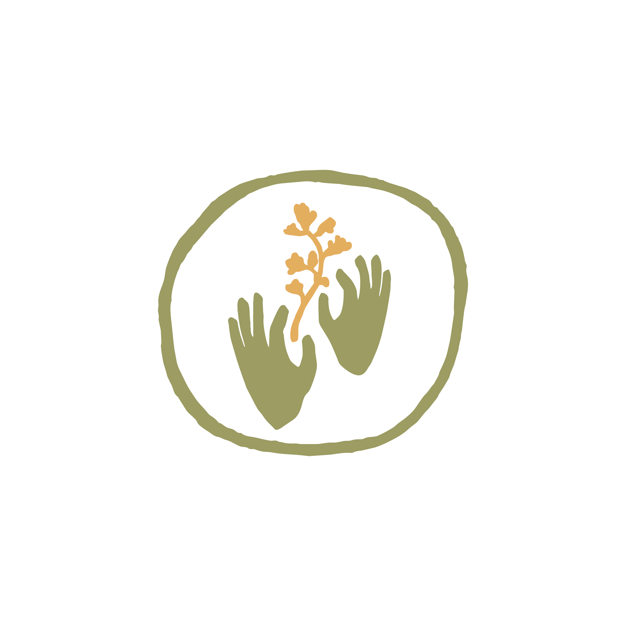 Minimalist logo with two green hands holding a beige and brown plant inside a rough circular outline on a black background.