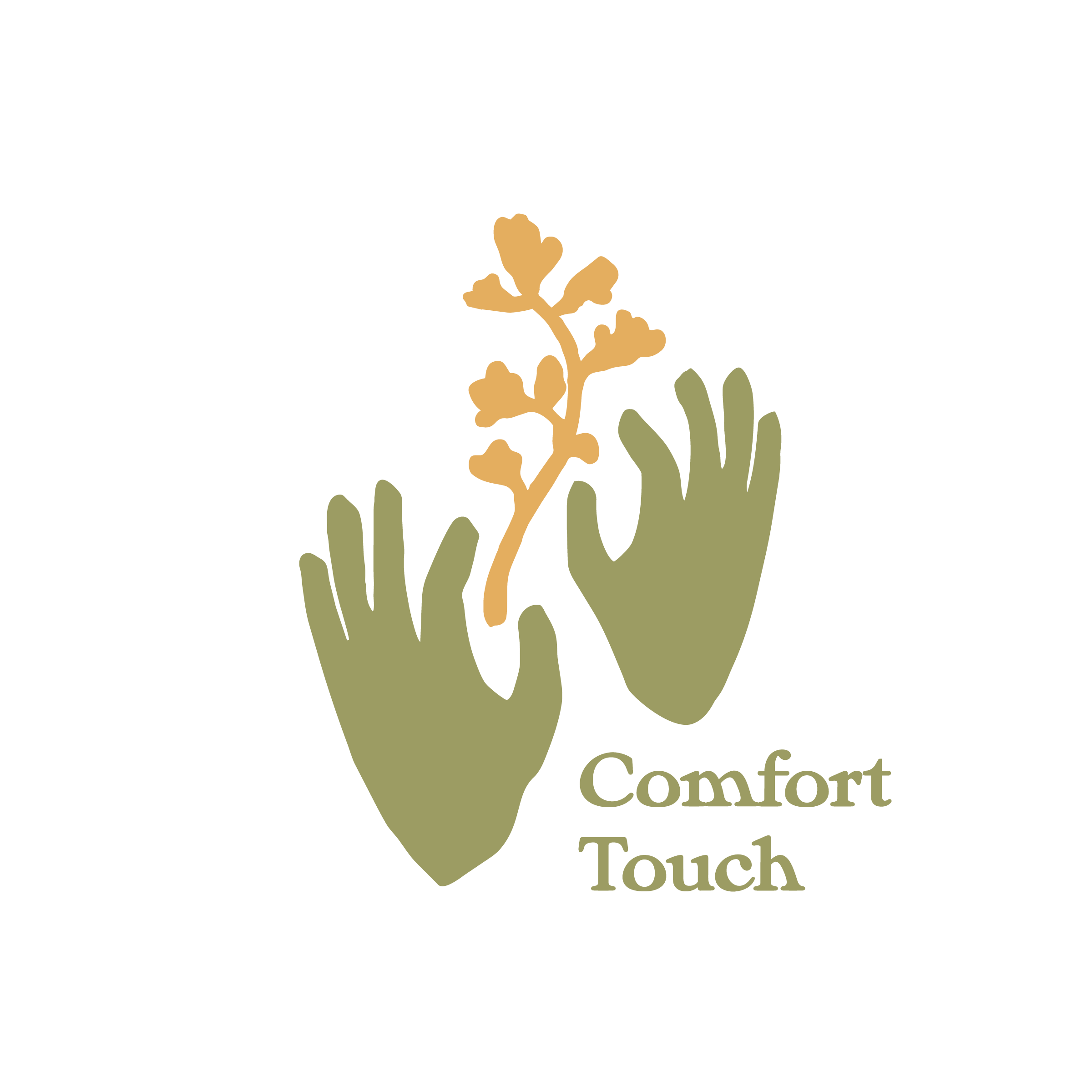 Logo featuring two green hands gently holding a brown flower stem with beige flowers, and the words "Comfort Touch" underneath.