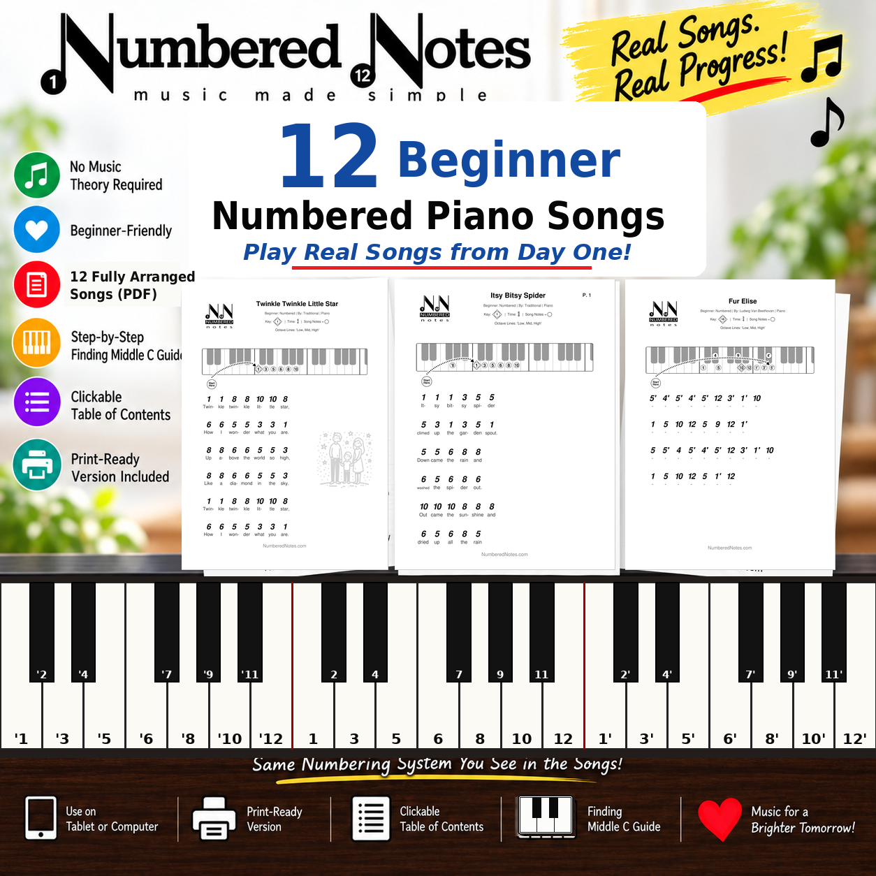 12 Beginner Numbered Piano Songs — Digital Sheet Music Pack