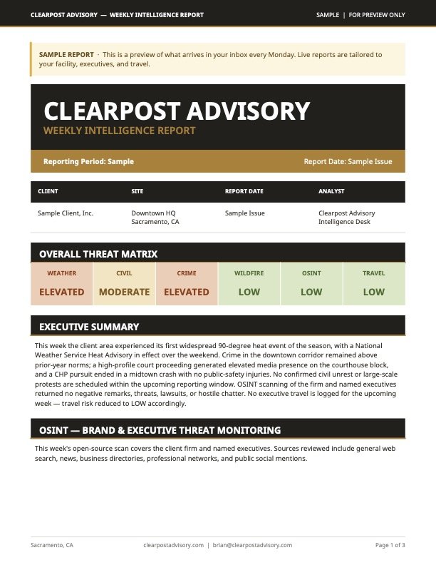 A weekly intelligence report titled "Clearpost Advisory" including sections on overall threat matrix, executive summary, and OSINT brand and executive threat monitoring, detailing client information, threat levels, and recent intelligence updates.