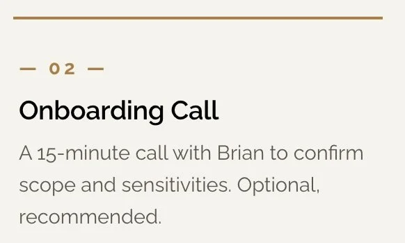 Text on a screen titled 'Onboarding Call.' It describes a 15-minute call with Brian to confirm scope and sensitivities, noted as optional and recommended.