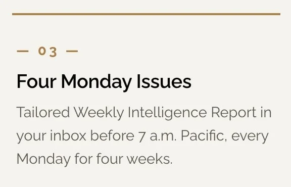 Slide titled 'Four Monday Issues' with text about a tailored weekly intelligence report delivered to inbox before 7 a.m. Pacific every Monday for four weeks.