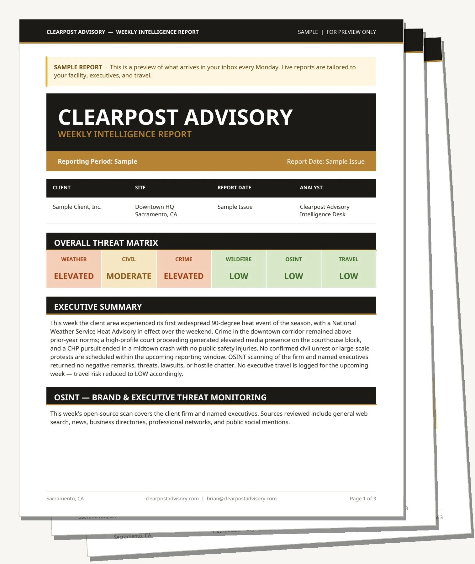 Sample weekly intelligence report from Clearpost Advisory showing threat matrix, executive summary, and client information.