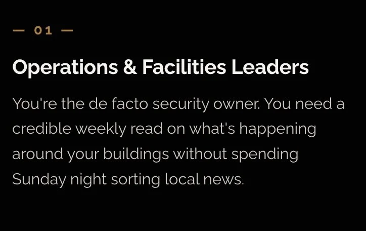 Slide titled 'Operations & Facilities Leaders' with text about owners needing a weekly security news update without spending Sunday night sorting news.