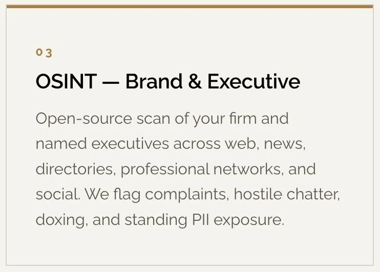 Slide titled 'OSINT — Brand & Executive' explaining open-source scan of firms and executives across web, news, directories, networks, and social media; mentions flagging complaints, hostile chatter, doxing, and PII exposure.
