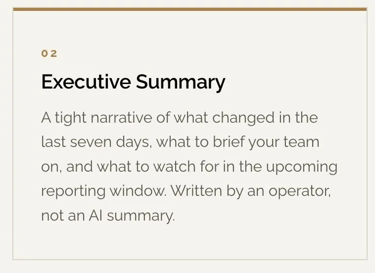 Slide titled 'Executive Summary' describing a brief update on recent changes, team briefing, and upcoming reporting, written by an operator.
