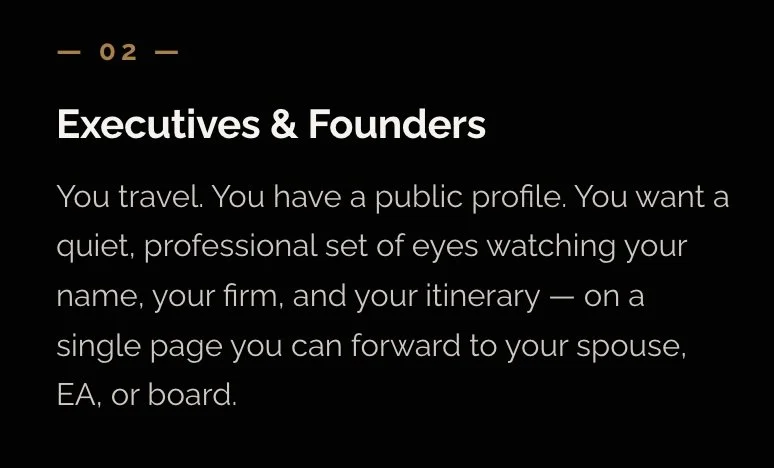 Page titled 'Executives & Founders' with instructions on creating a professional profile page for travel, including name, firm, and itinerary information, to be shared with spouse, EA, or board.
