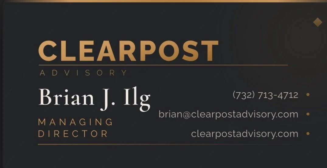 Business card for ClearPost Advisory, featuring contact information for Brian J. Ilg, Managing Director, with phone number, email, and website.