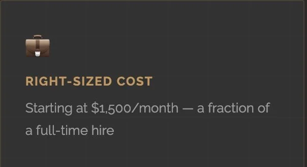 Text on a dark background with a briefcase icon, reading: 'Right-sized cost. Starting at $1,500 per month — a fraction of a full-time hire.'