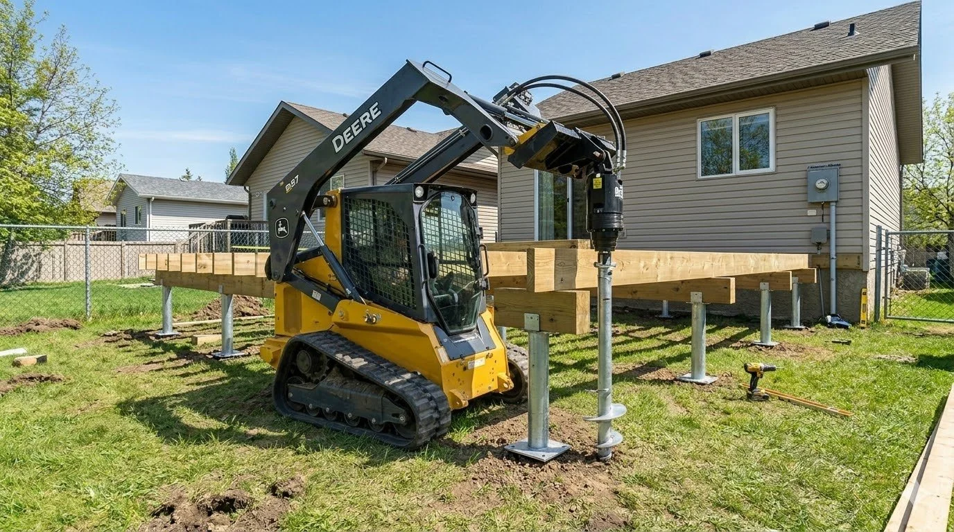 Mini excavator drilling deck foundation post holes beside residential home