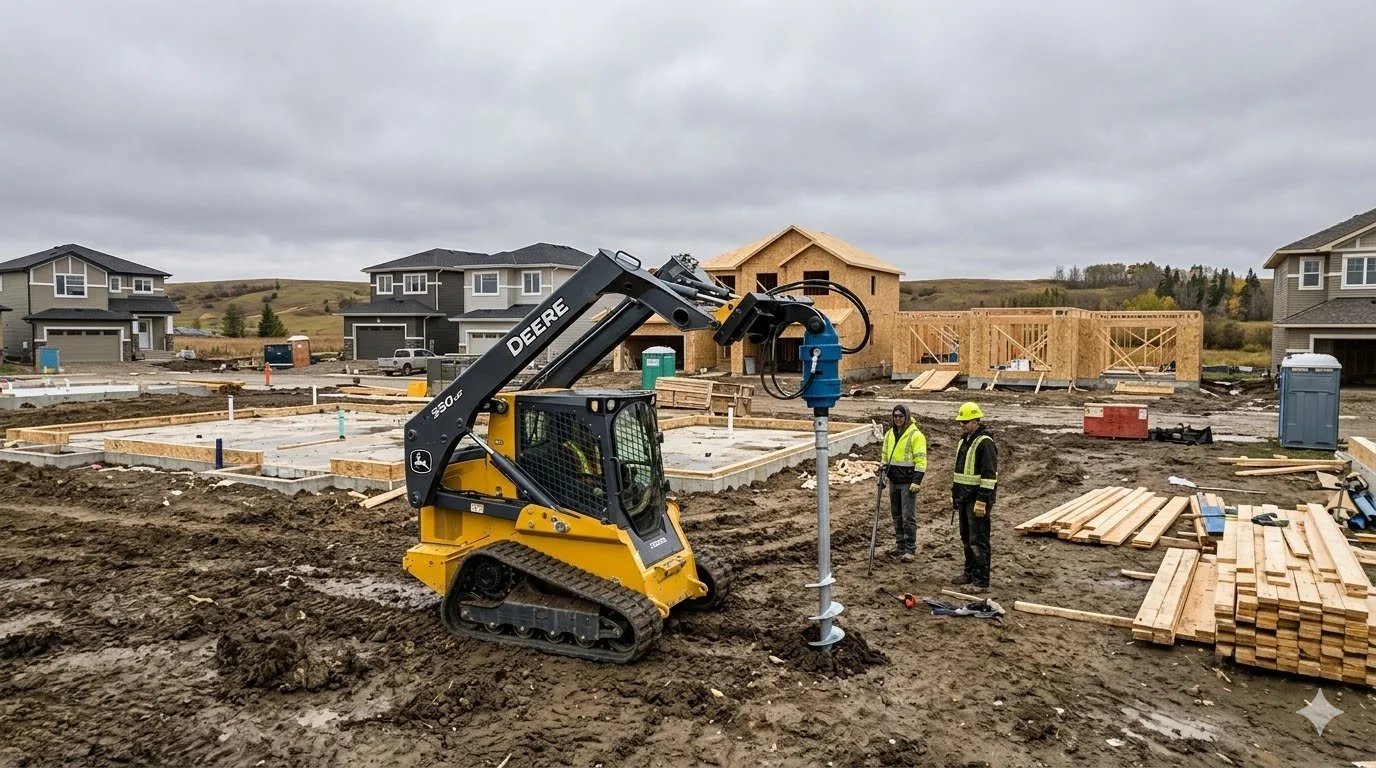 John Deere skid steer installing screw piles at residential construction site in Alberta