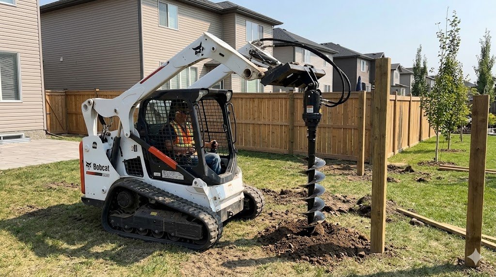 Bobcat mini excavator drilling fence and deck post holes in Edmonton backyard