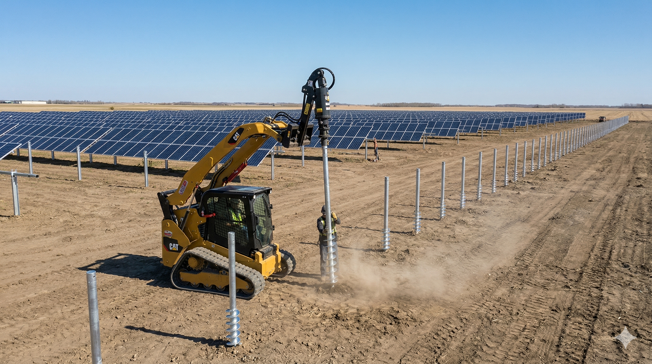 Compact track loader installing screw piles for Alberta solar farm project