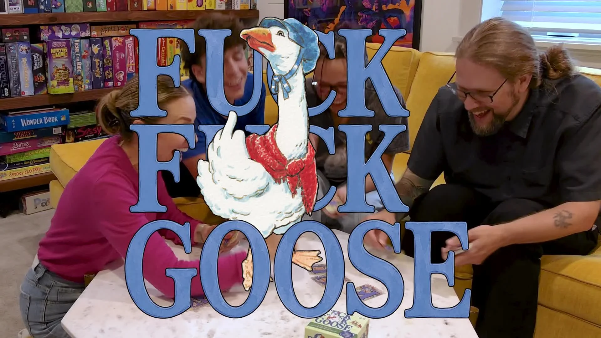 Friends playing F*ck F*ck Goose with the game logo