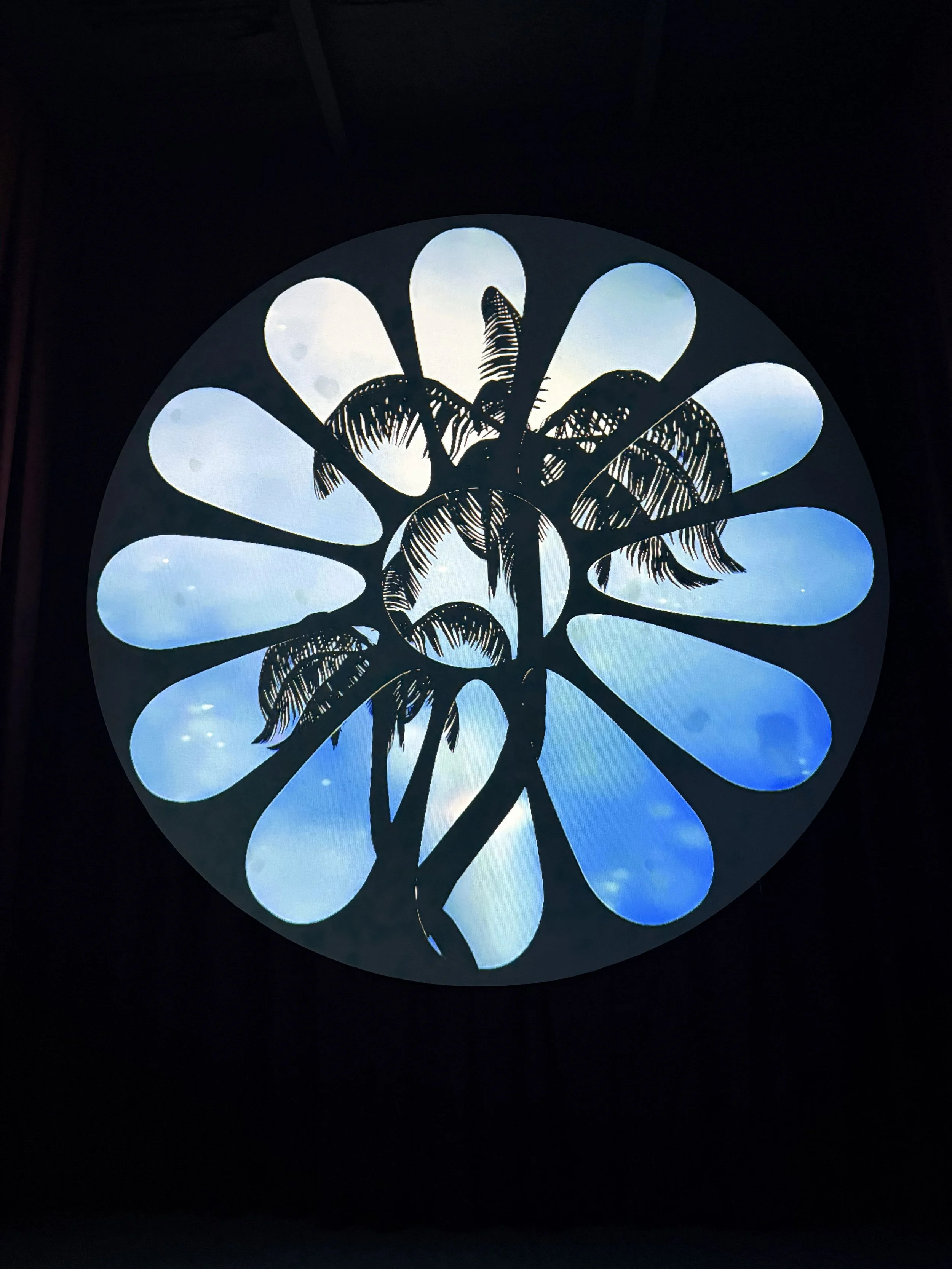 Circular stained glass window with a silhouette of a palm tree and blue sky background.