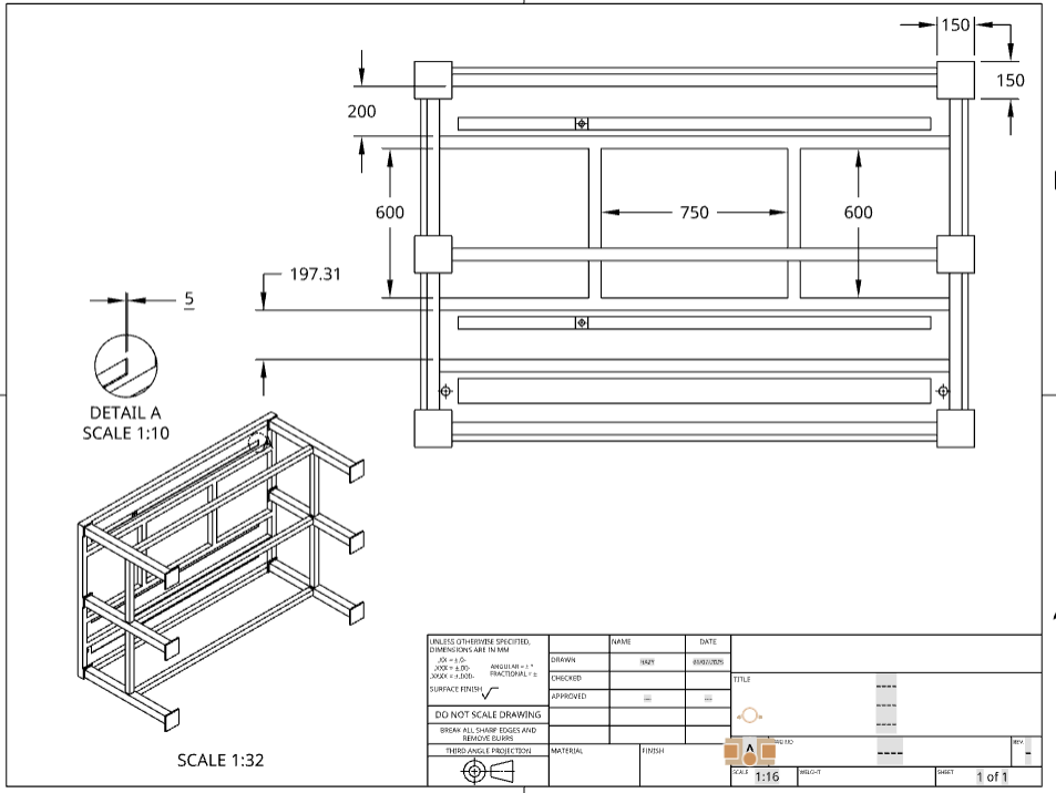 Isometric CAD diagram of rubber cutting table