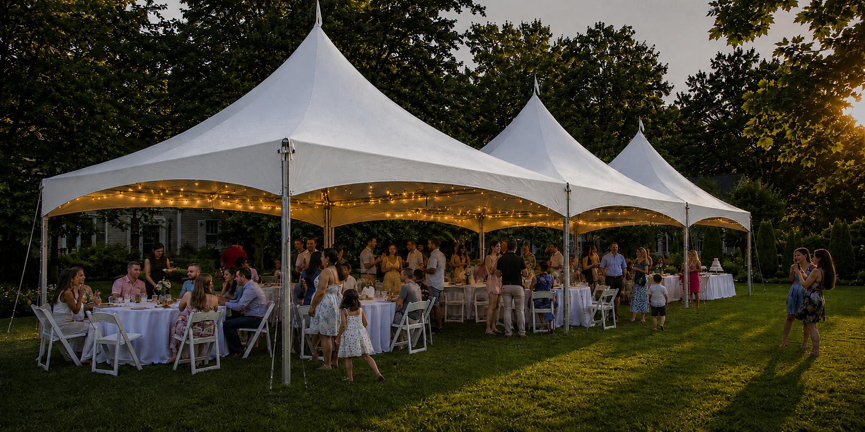 20×60 high peak tent rental set up for an outdoor event with round tables and white chairs in the Baltimore, Maryland area.