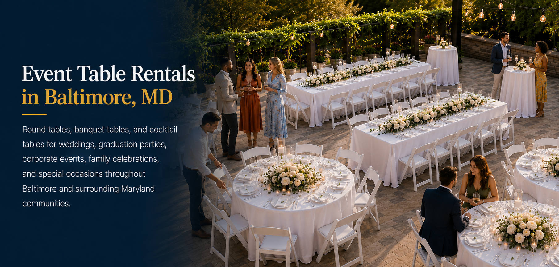 Premium table rentals in Baltimore, MD featuring round tables, banquet tables, cocktail tables, white resin chairs, and elegant event layouts for weddings and corporate events.