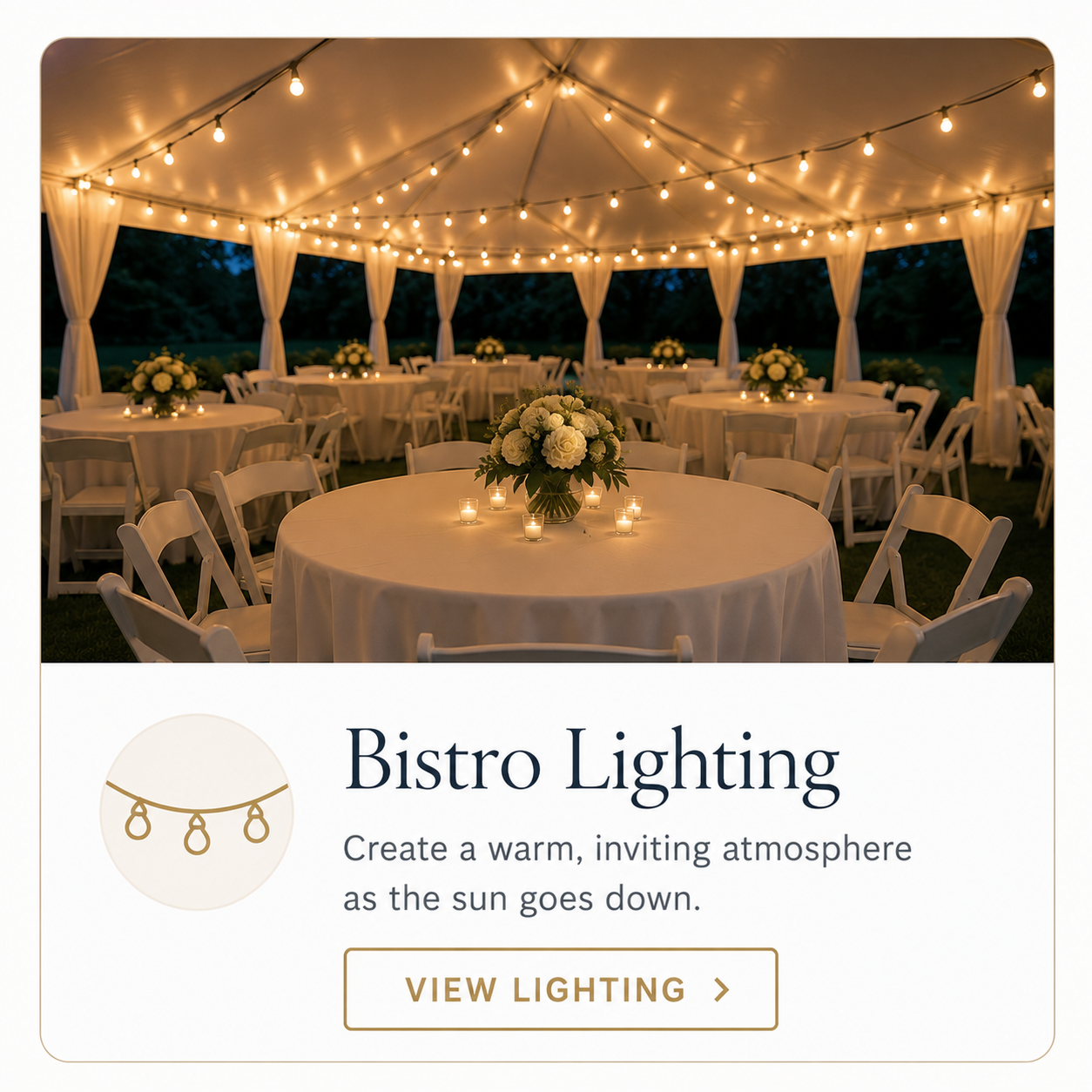 Warm bistro string lighting installed inside a high peak tent for evening weddings and outdoor celebrations.