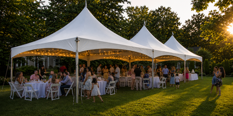 High peak tent setup for a 60 to 75 guest outdoor event in Baltimore with tables, chairs, lighting, and guests.