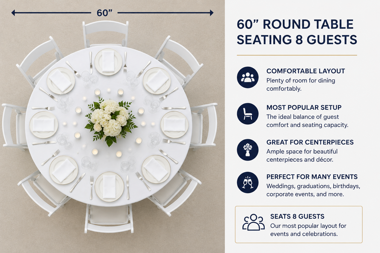 60-inch round table seating chart showing 8 guest place settings with centerpiece space for weddings, graduation parties, corporate events, and special celebrations.
