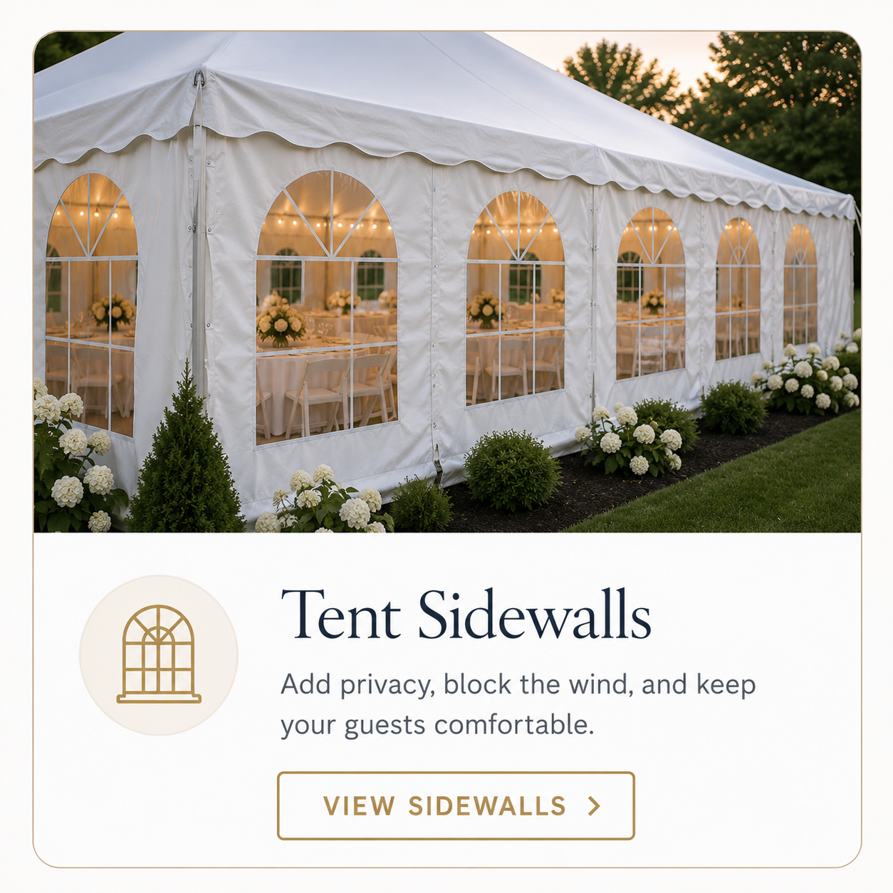 Cathedral window tent sidewalls for high peak tent rentals in Baltimore, Maryland.