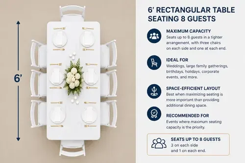 Maximum-capacity seating chart for a 6-foot rectangular banquet table with eight chairs—three along each side and one at each end.